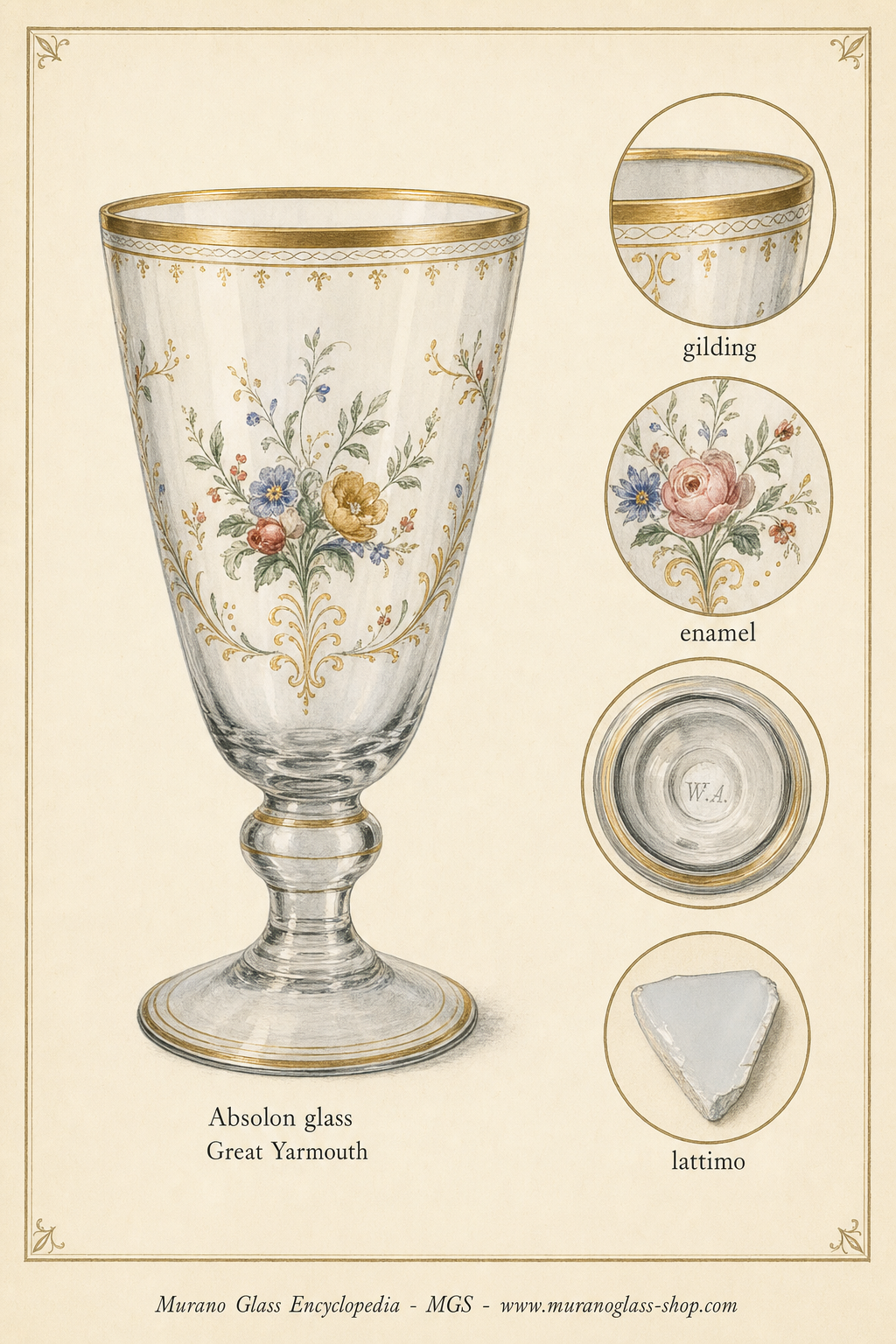 Enamelled and gilded Georgian glass in the style associated with William Absolon of Great Yarmouth