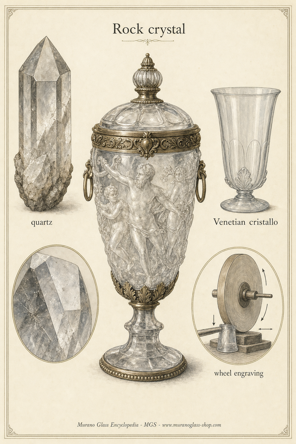 Quartz cristal de roche transparent et verre historique gravé