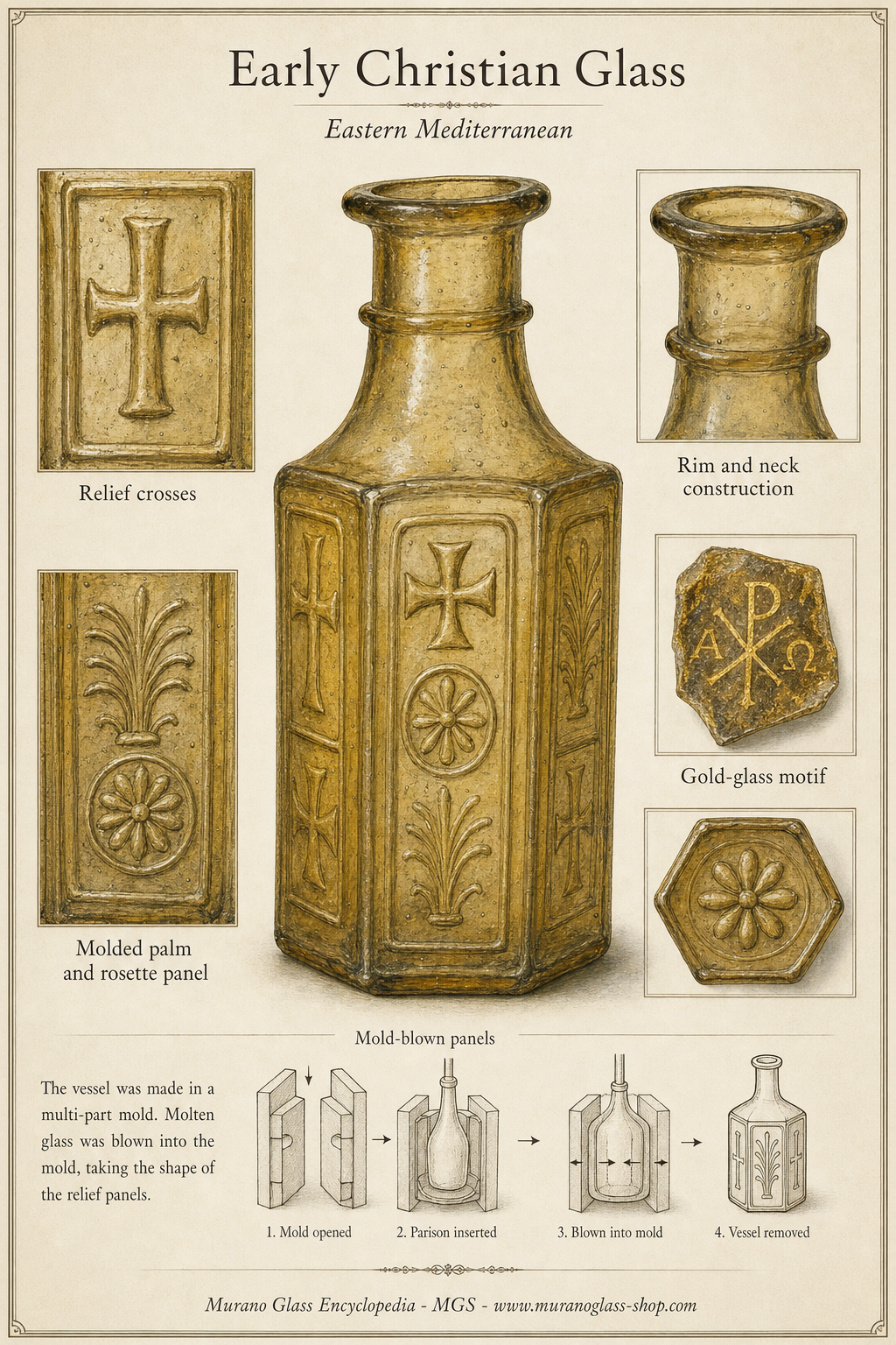 Flacon en verre paléochrétien avec croix en relief et motifs végétaux