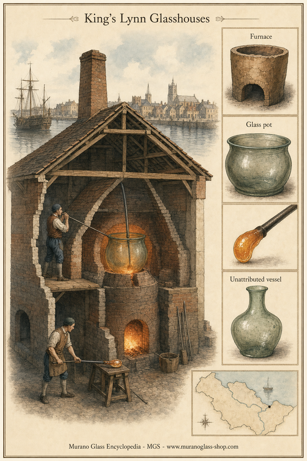 Historic view of an early modern English glass furnace in a Norfolk port setting