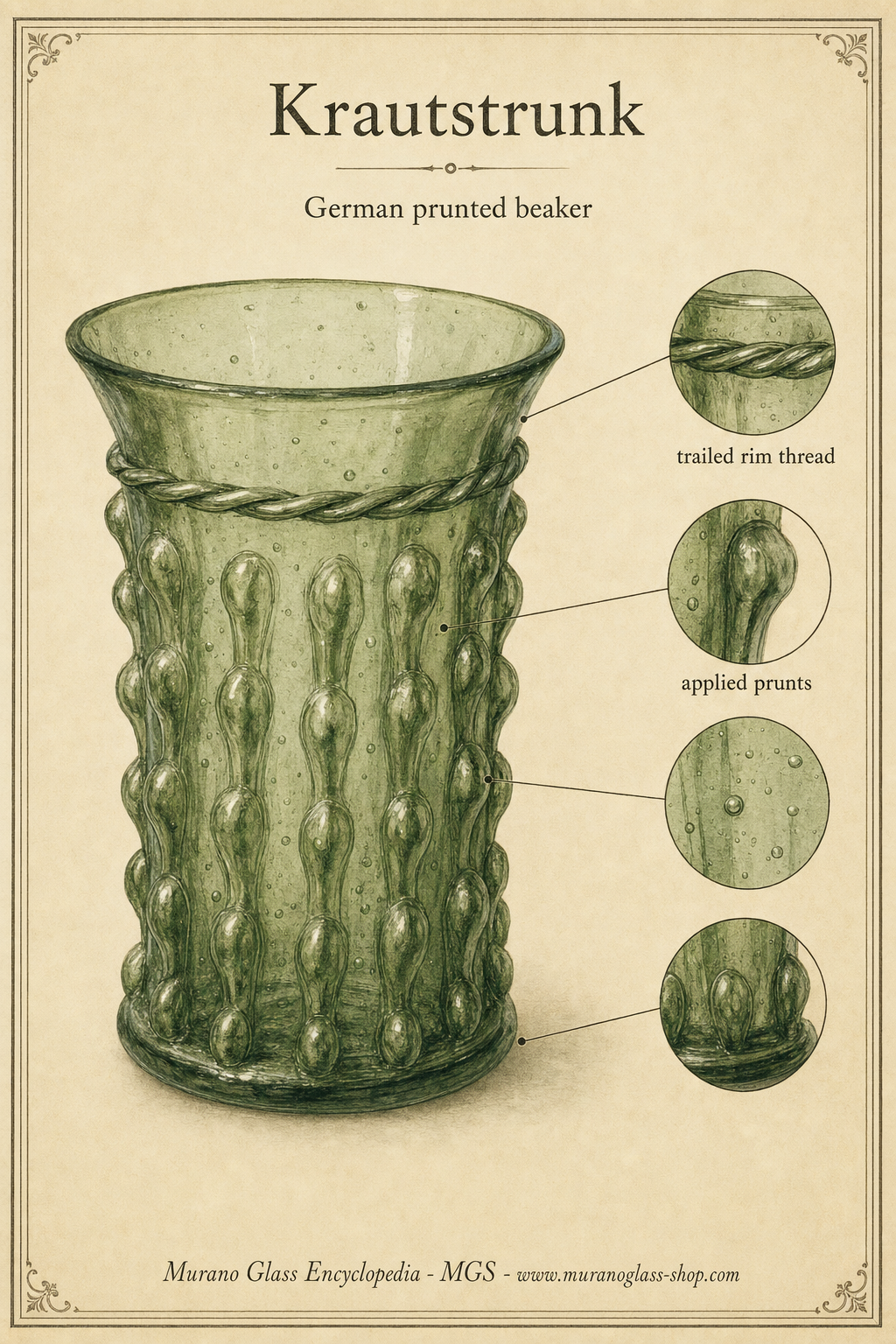 Gobelet Krautstrunk médiéval à pastilles de verre, lèvre évasée et cordon appliqué