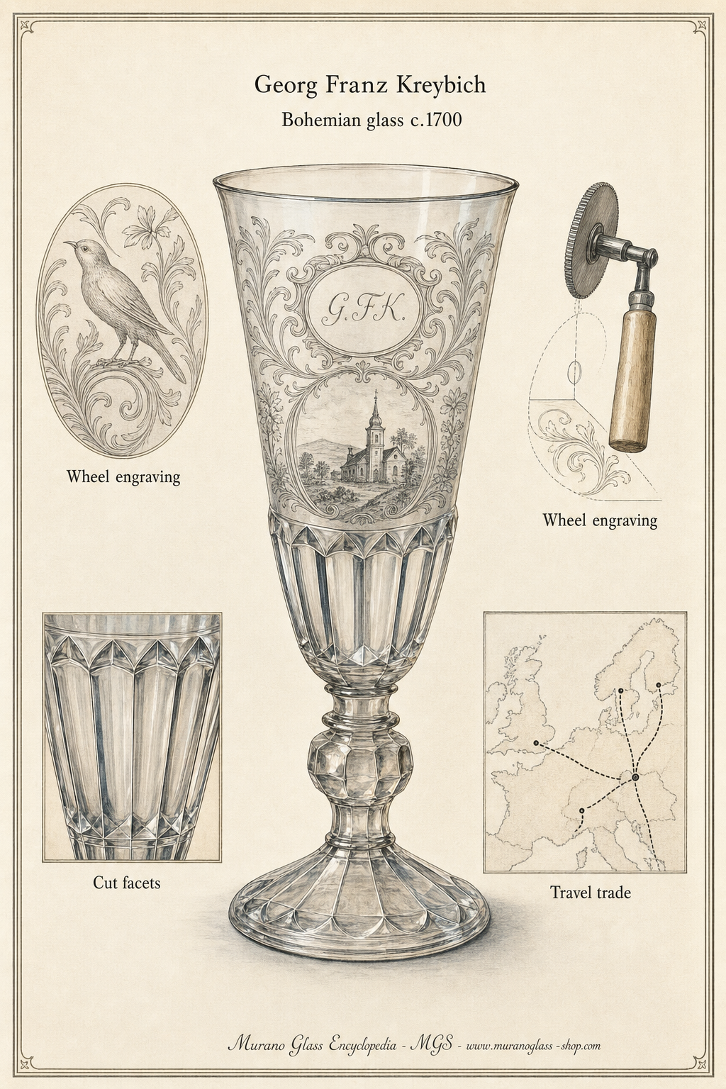 Georg Franz Kreybich représenté comme marchand bohémien du verre avec des pièces taillées et gravées