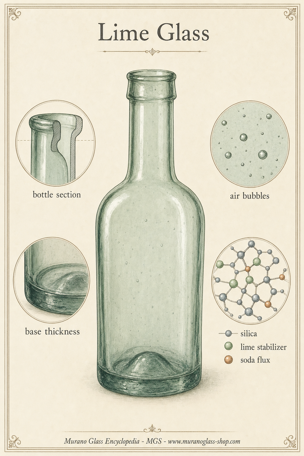Historic glass bottles illustrating the use of lime glass as an industrial container material