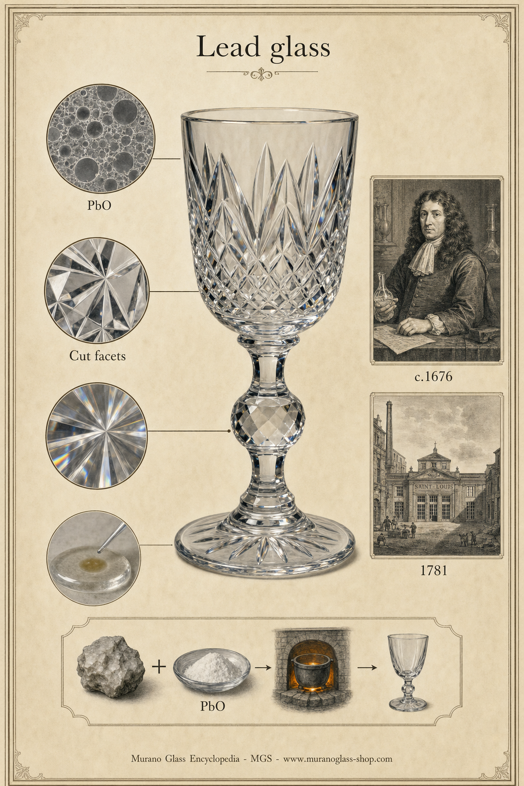 Museum illustration of lead glass with a cut crystal goblet, PbO detail and facet diagrams