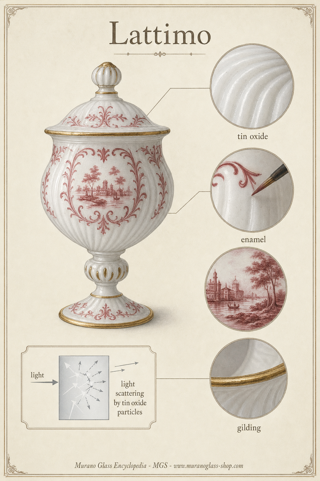 Museum-style illustration of lattimo opaque white glass with enamel, gilding and tin oxide opacity details